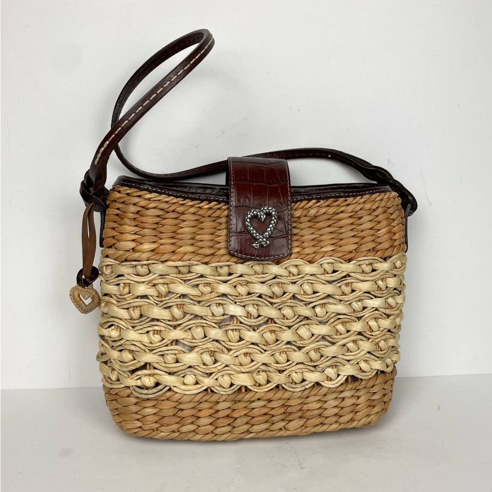 Brighton two tone woven stray rattan shoulder bag with faux leather trim